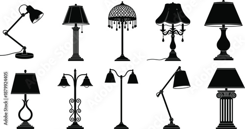 Table lamp silhouette icons set, vintage modern lighting fixtures, decorative desk floor lamps collection, home interior illumination, flat black vector illustration