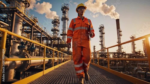 Industrial Worker in Safety Gear Walking Along Oil Refinery Platform at Sunset
