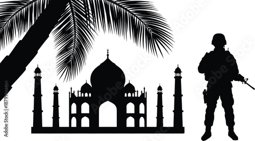 Taj Mahal, silhouette, soldier, rifle, palm tree, military, architecture, India, cultural, heritage, protection, contrast, black, vector, landmark, tropical, iconic, composition, symbolism, defense
