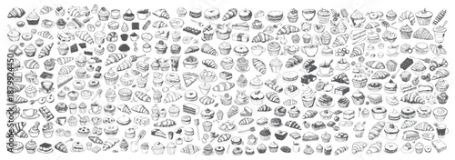 Large Set of Sweet Desserts and Cakes Doodles, Black and White