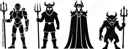 Trident warriors silhouette, robot, Viking, sorcerer, demon, fantasy characters, dark theme, mythology, horror, sci-fi, combat, powerful poses, dramatic contrast