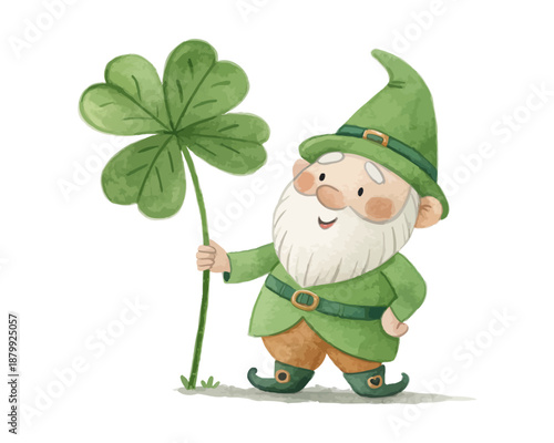 Watercolor Lucky Gnome Holding Clover, St. Patrick’s Day Irish Character Vector on White Background