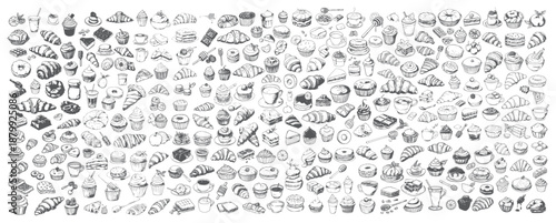 Large Set of Sweet Desserts and Cakes Doodles, Black and White