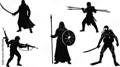 Warrior silhouettes from different eras showing medieval, ancient and modern fighters with weapons, combat stances, historical evolution of warfare illustration