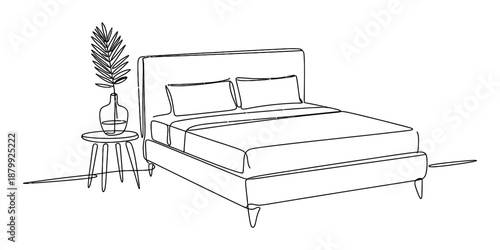 Continuous single line art illustration of a bed and a side table with plant Vector, illustration