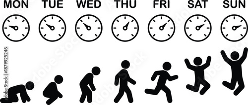 Weekday energy progression, human silhouette poses, funny daily mood chart, Monday to Sunday illustration, humorous lifestyle art, daily routine concept
