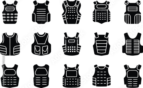 Collection of black silhouette icons showing various bulletproof vests for protection and security