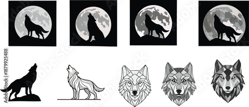 Wolf silhouette, howling wolf, moon background, geometric wolf head, polygonal design, animal art, wild nature, vector illustration, tribal style, stylized wolf