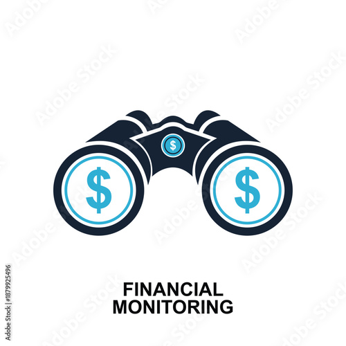 Financial monitoring vector icon showing binoculars with blue dollar currency