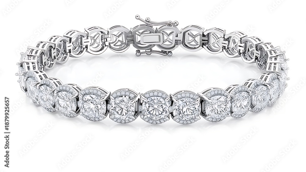 Obraz premium Gleaming diamond bracelet. Circular stones encased in halos form a connected line, with clasp, shimmering against a white background