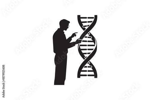 Scientist interacting with DNA helix silhouette - Genetic research and biotechnology concept illustration