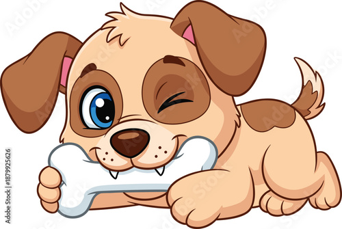 Cartoon puppy holding white bone with cheerful expression, playful animal character illustration, children’s and pet-themed design, transparent background graphic