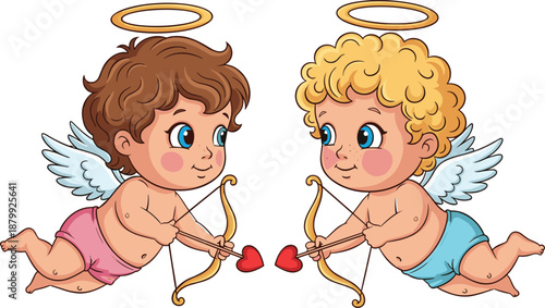 Cartoon baby cupids with halos and heart arrows, playful love illustration, Valentine’s Day theme, transparent background graphic