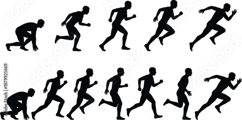 Running man silhouette sequence, sprint motion evolution, athlete speed training concept, fitness action poses, sport movement illustration, black vector