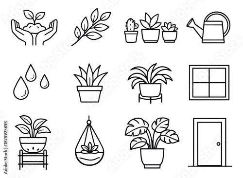 Line art houseplant and gardening icons set featuring potted plants, a sprout, watering can, and home elements for plant care and indoor decoration