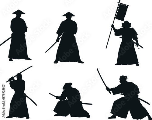 Samurai silhouette, warrior pose, katana sword, traditional attire, Japanese culture, martial stance, battle ready, flag bearer, combat art, historical figure, samurai warrior
