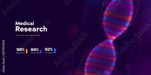 Medical Research Background With Glowing DNA Helix Made Of Colorful Dots On Dark Gradient. Perfect For Science, Genetics, And Healthcare Concepts. Genetic Structures. Vector Illustration.