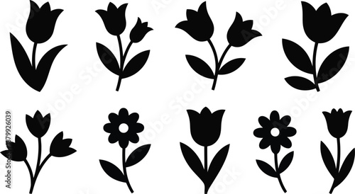 Collection of eight simple black floral silhouettes featuring various tulip and daisy shapes