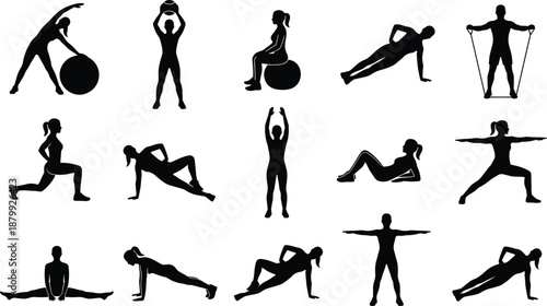 Set of fitness silhouettes, people exercising with yoga balls, resistance bands, planks, and stretching, active healthy lifestyle vector illustration. (20 words)