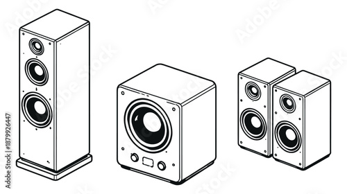 Line art speaker system set featuring a tower speaker, a subwoofer, and bookshelf speakers for home audio