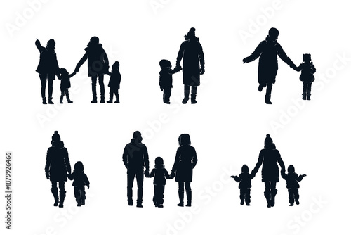 Silhouette collection of Parent family and children holding hands together walking in snow winter, vector illustration