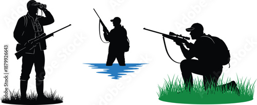 Silhouette hunters with rifles, wildlife tracking figures, standing kneeling scouting, outdoor hunting concept, grass water reflection, minimalist vector illustration design
