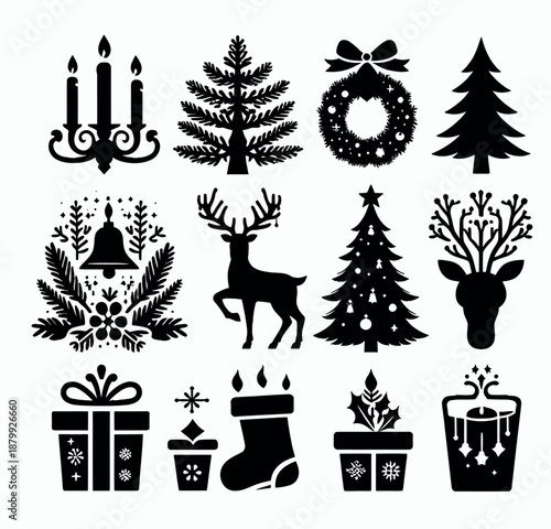 Christmas Decorations Candles, Trees, Gifts, Wreaths, and Festive Symbols