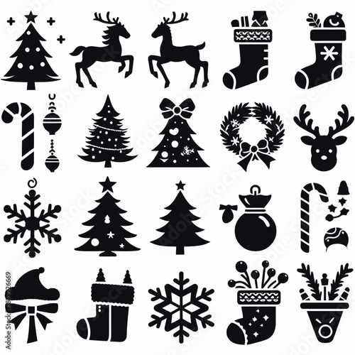 Christmas Symbols Reindeer, Christmas Tree, Stockings, Snowflakes, and Holiday Decorations