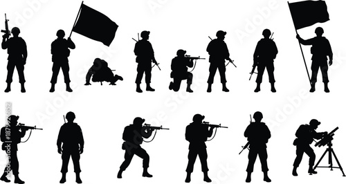 Soldier silhouette, military formation, rifle stance, flag bearer, mounted weapon, combat posture, battlefield scene, defense strategy, war zone, army gear