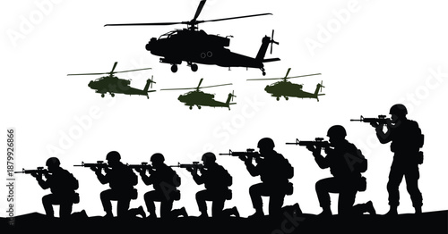 Soldier silhouette, military helicopters, army formation, combat scene, tactical operation, battlefield coordination, defense strategy, war concept, armed forces, teamwork