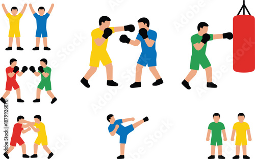boxing training illustration set, sparring fighters workout, punching bag practice, kickboxing exercise, fitness sport people