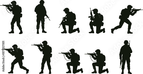 Soldier silhouette, tactical poses, rifle stance, military movement, combat readiness, battlefield action, army gear, defense strategy, war zone, armed forces