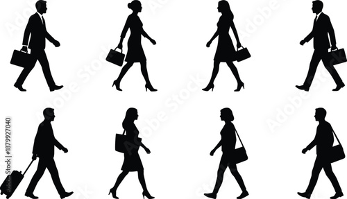business people walking silhouettes set, professional men women carrying bags, office commute concept, isolated black vector