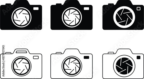 Camera icon vector set in black and outline styles with photography symbols, shutter aperture, and photo equipment design