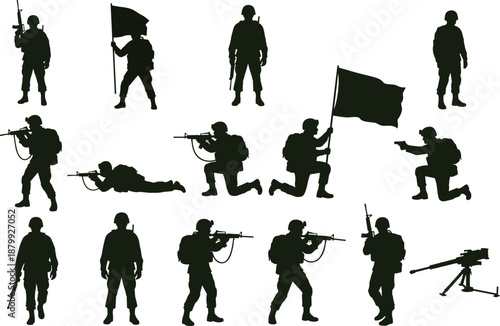Soldier silhouette, military poses, rifle stance, flag bearer, machine gunner, combat readiness, battlefield scene, defense strategy, war zone, army gear