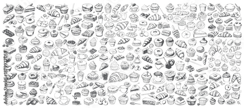 Bakery Menu Design Elements, Croissants, Cupcakes and Donuts Sketches
