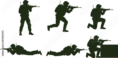 Soldier silhouette, tactical positions, rifle ready, combat movement, military stance, battlefield action, defense strategy, army gear, war zone, prone pose