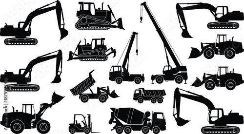 construction machinery silhouette set, heavy equipment vehicles collection, excavator crane loader trucks, isolated black vector illustration