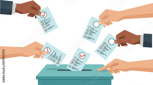 diverse hands casting ballots illustration, democratic voting process concept, election participation flat vector isolated