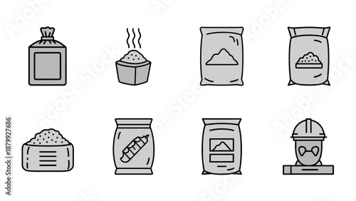 Collection of various bags and containers filled with granular materials and powders