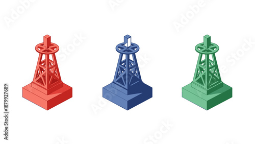 Three colorful isometric oil rigs on a white background, representing different options