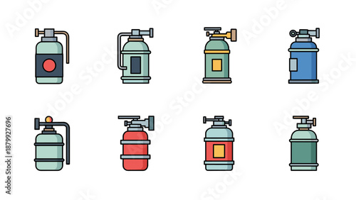 Collection of eight different stylized fire extinguisher icons in flat design style