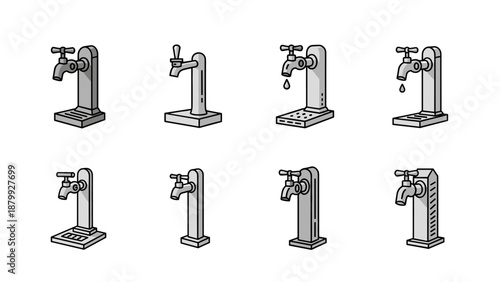 Collection of eight stylized icons representing different types of water taps and faucets