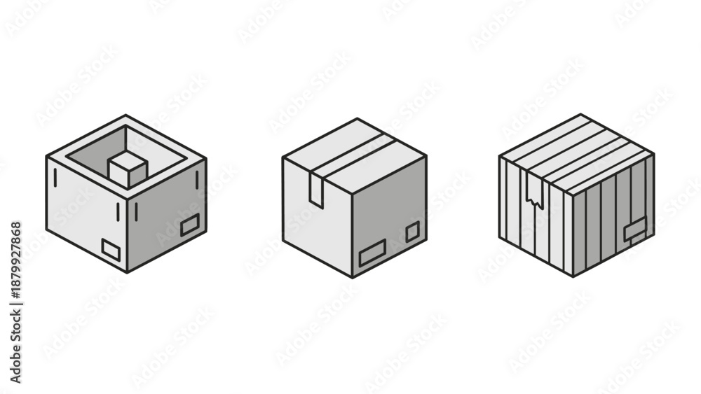 Obraz premium Three isometric cardboard boxes showing different states of packaging and delivery