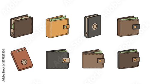 Collection of eight different wallet illustrations with cash peeking out, isolated on white