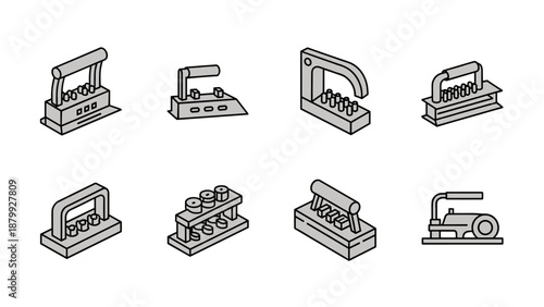 Collection of vintage and antique irons in isometric line art style