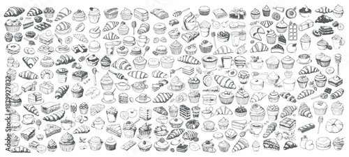 Bakery Menu Design Elements, Croissants, Cupcakes and Donuts Sketches