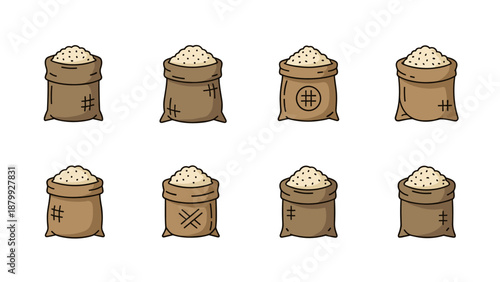 Collection of eight cartoon burlap sacks filled with white granular material like sugar or flour