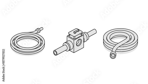 Set of plumbing components including coiled hoses and a central valve, illustrated in isometric view