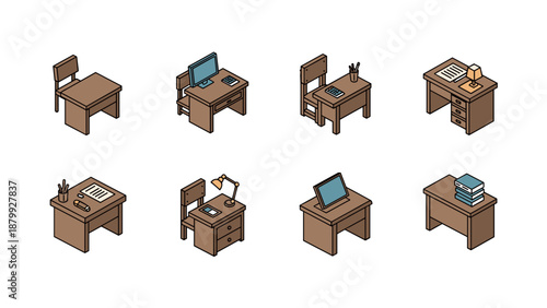 Collection of isometric desks and chairs with office supplies and electronics